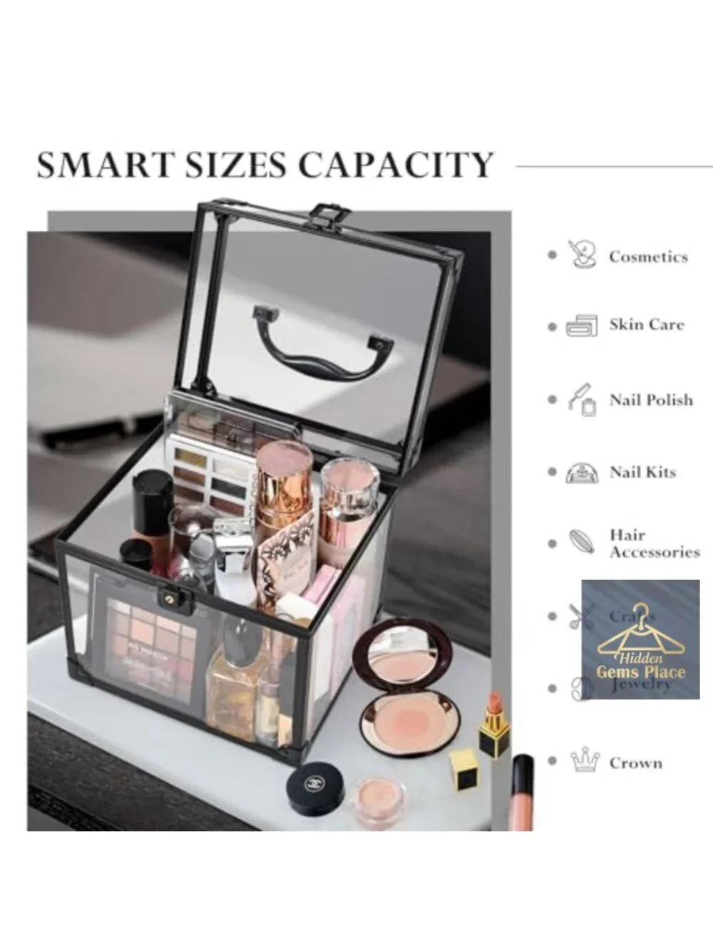 Portable Makeup Train Case with Clear Crown Design - Acrylic Cosmetic Organizer